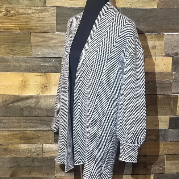 Emery Rose Long Open Cardigan Sweater Duster Brown and White Chevron Medium - Picture 2 of 13